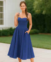 Comprar Vestido midi de festa azul corset em zibeline barato para madrinhas, formaturas e eventos de gala em promoção KOJI STORE